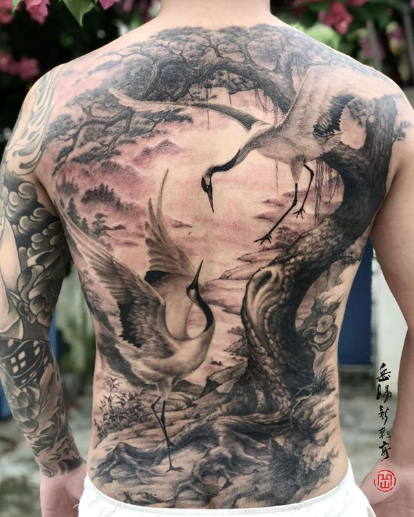 Japanese Crane, Landscape tattoo on Full Back