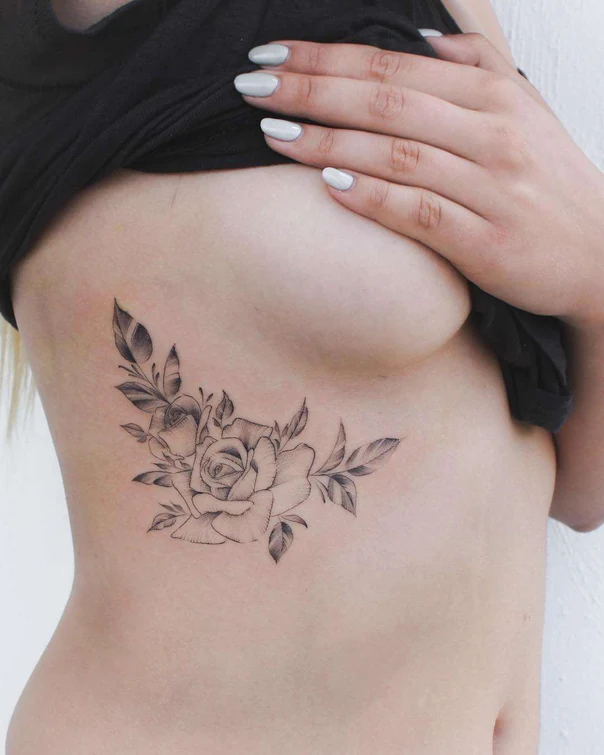 Fineline Rose, Leaves tattoo on Ribcage