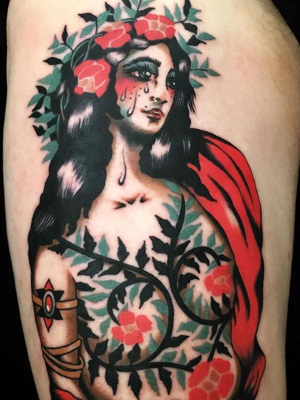 female color neo traditional Tatuagem em thigh #22617 | Tatuador Chingy Fringe