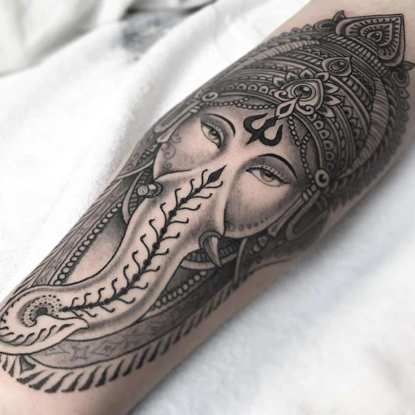 Black & Grey Ganesha, Religious tattoo on Forearm