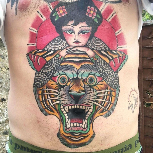 Neo Traditional Tiger, Woman tattoo on Stomach
