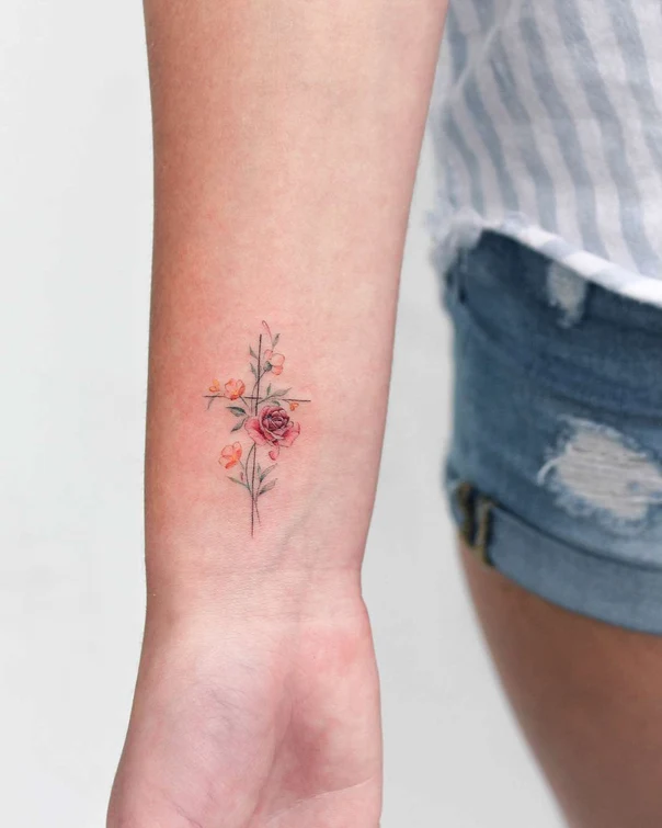 Fineline Flower, Cross tattoo on Wrist