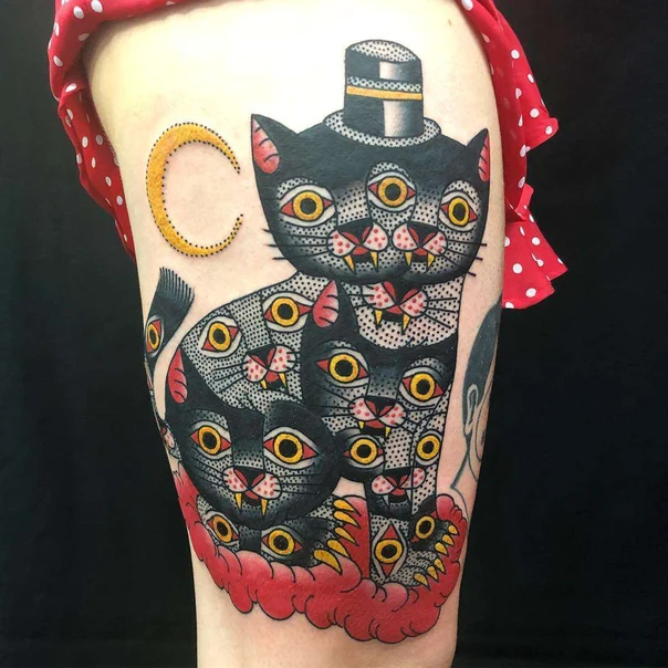 Neo Traditional Cat, Moon tattoo on Thigh