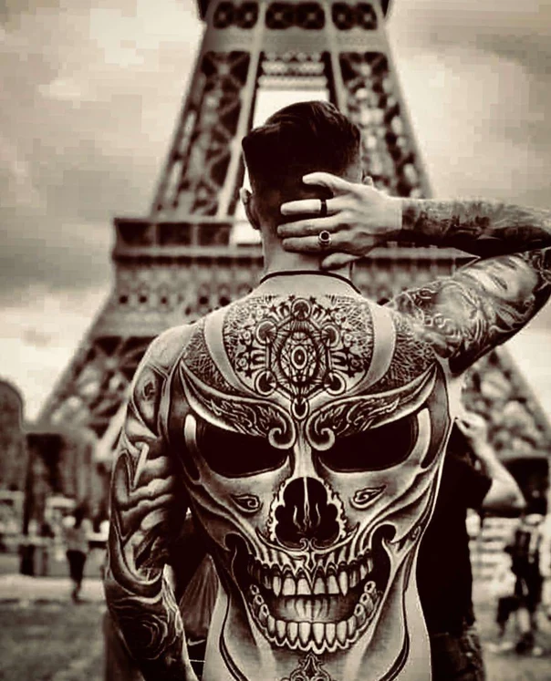 Black & Grey Skull, Ornamental tattoo on Full Back