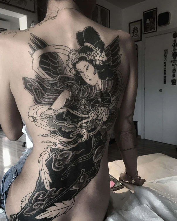 Japanese Geisha, Wings tattoo on Full Back
