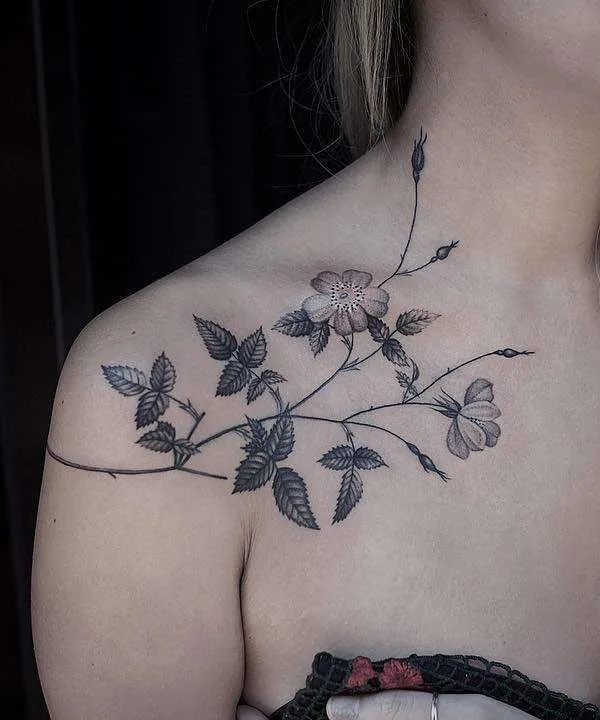 female black and grey botanic 타투 부위 shoulder #22369 | 타투이스트 Lazer Liz
