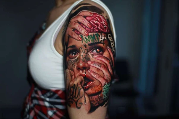 Realism Portrait, Hands tattoo on Upper Arm