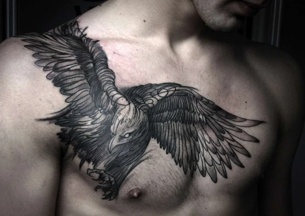 Чёрно-серая Bird, Wings tattoo на Грудь