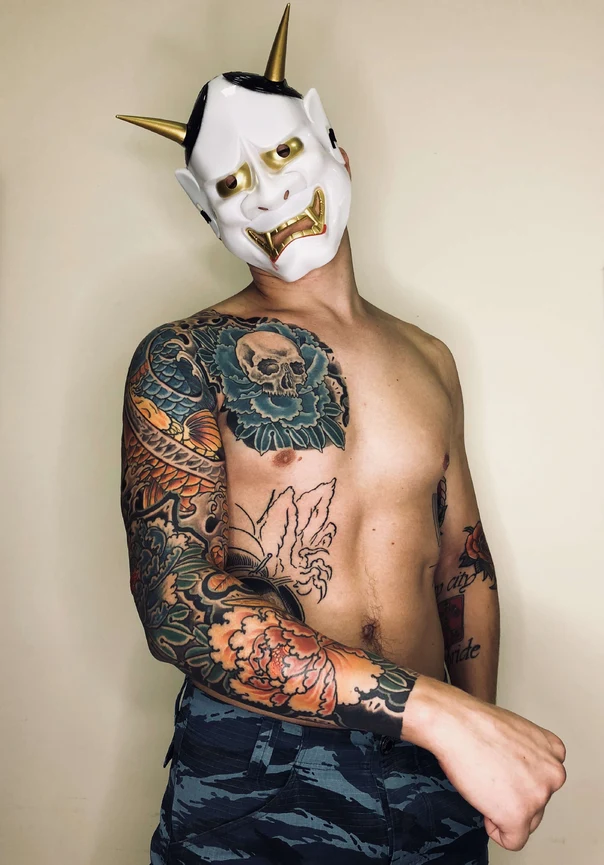 Japanese Skull, Peony tattoo on Full Sleeve