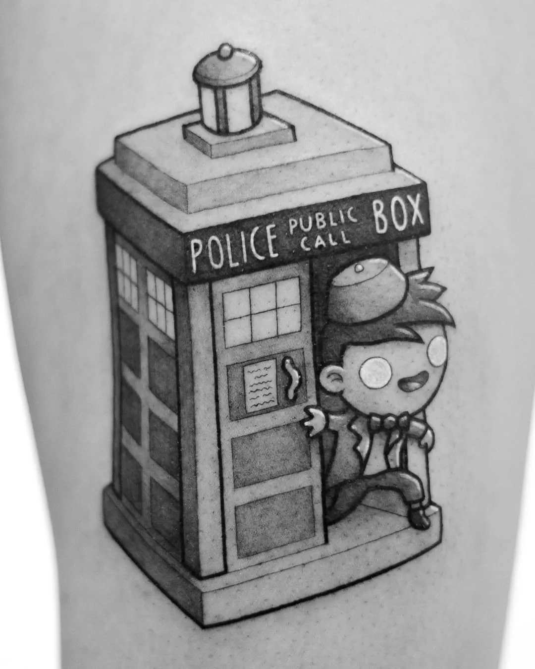 Tattoo artist Perou, author's black-and-grey cartoon tattoo | Sion, SSwitzerland