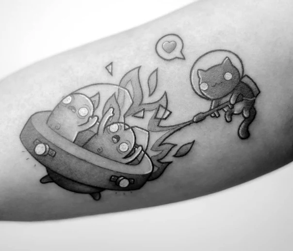 Cartoon Cat, Ufo tattoo on Forearm