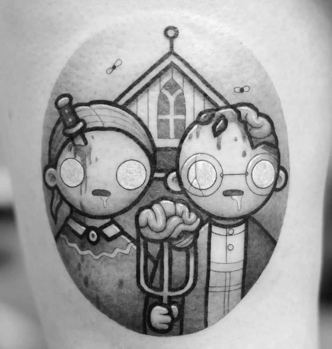 Tattoo artist Perou, author's black-and-grey cartoon tattoo | Sion, SSwitzerland