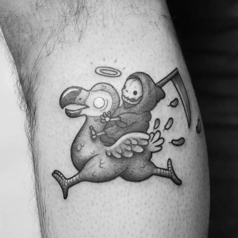 Tattoo artist Perou, author's black-and-grey cartoon tattoo | Sion, SSwitzerland