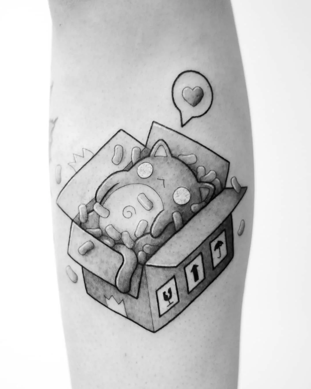 Tattoo artist Perou, author's black-and-grey cartoon tattoo | Sion, SSwitzerland