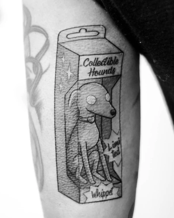Blackwork Dog, Packaging tattoo on Forearm