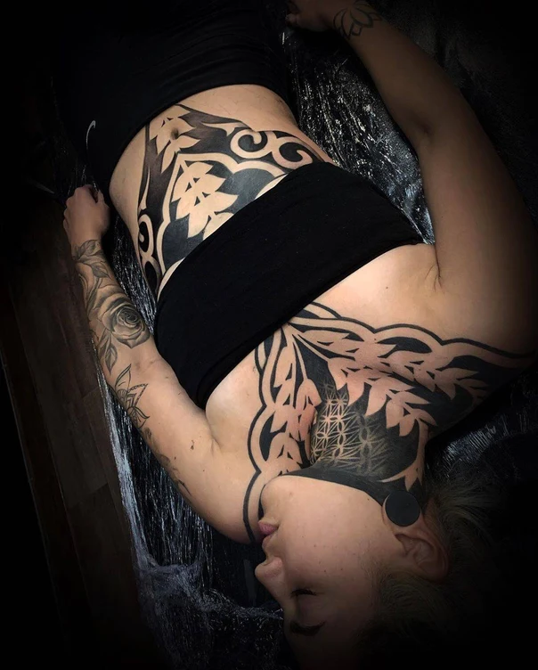 Blackwork Floral, Geometric tattoo on Chest