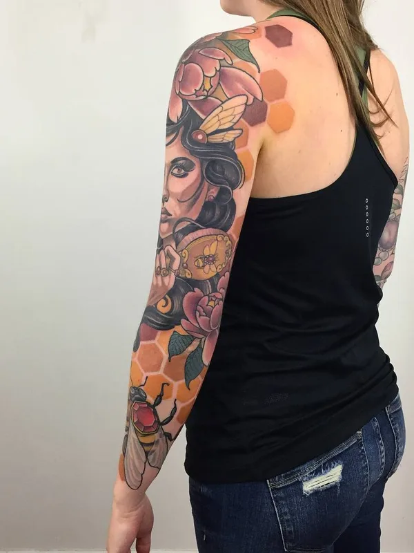 female color neo traditional Tatuagem em full sleeve #31656 | Tatuador Dan Pemble