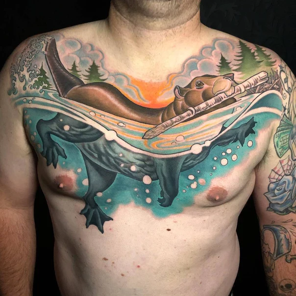 Illustrative Otter, Water tattoo on Chest