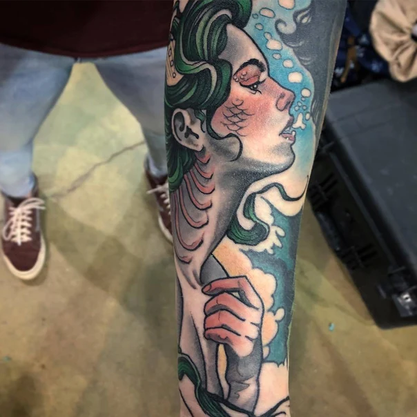 Neo Traditional Mermaid, Waves tattoo on Forearm