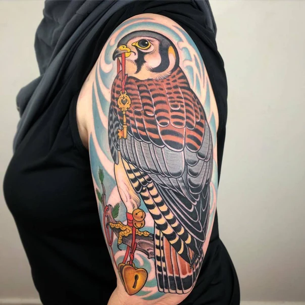 Neo Traditional Bird, Key tattoo on Upper Arm