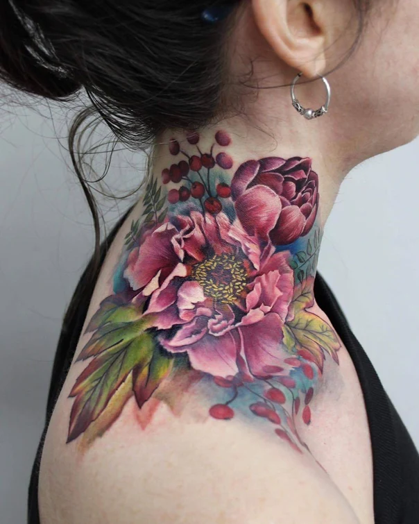 Watercolor Flower, Berries tattoo on Neck