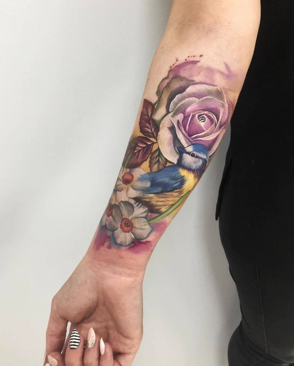 Watercolor Bird, Rose tattoo on Forearm