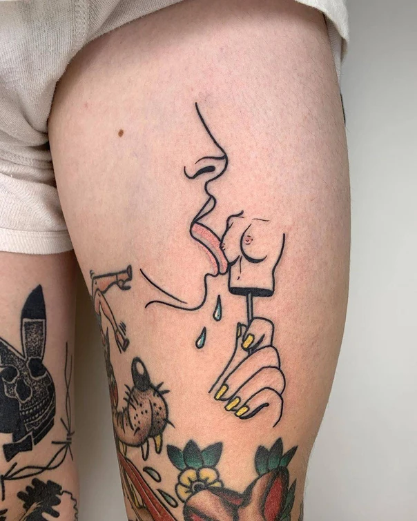 Linework Human, Lollipop tattoo on Thigh