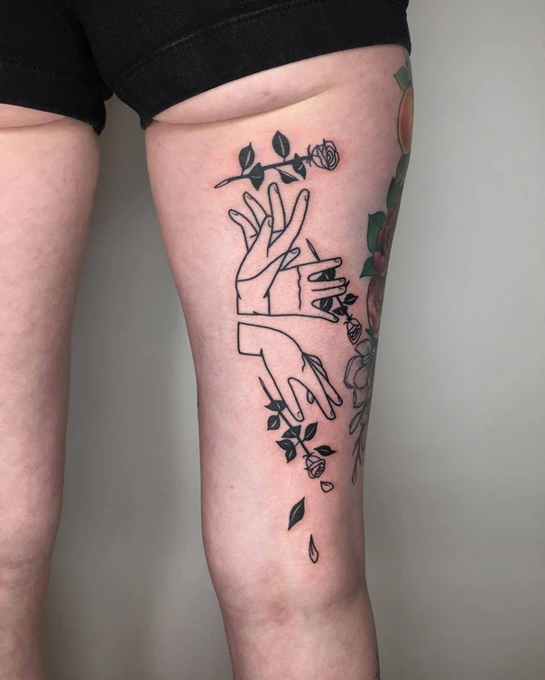 Linework Hands, Rose tattoo on Thigh