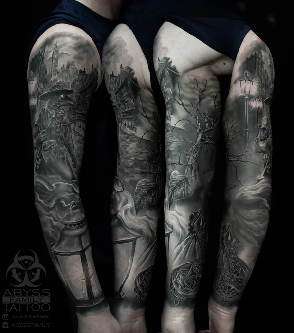 Чёрно-серая Cityscape, Plague doctor tattoo на Полный рукав