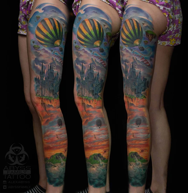 Иллюстративная Hot air balloon, Castle tattoo на Full leg