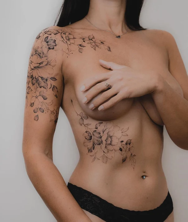 Botanic Flowers, Leaves tattoo on Chest