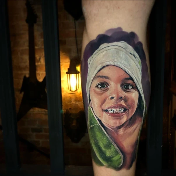 Realism Portrait, Child tattoo on Calf