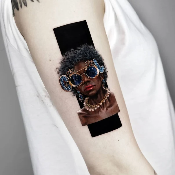 Realism Portrait, Sunglasses tattoo on Forearm