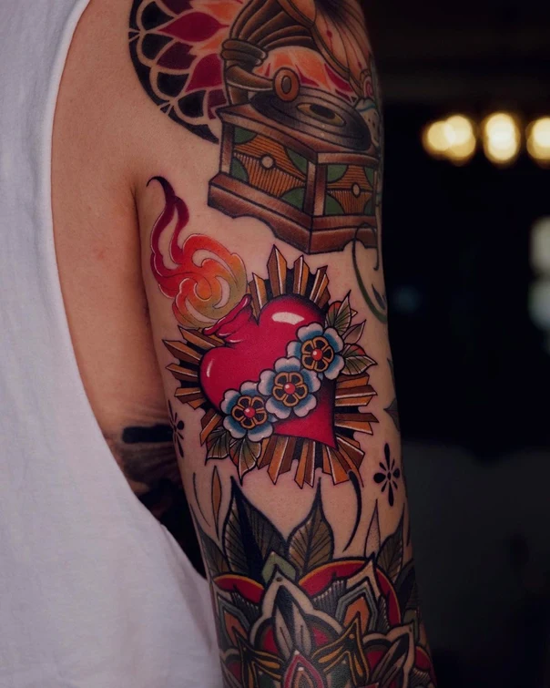 Neo Traditional Heart, Flowers tattoo on Forearm