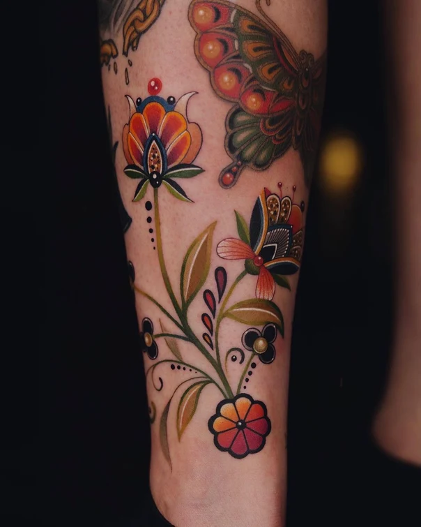 Traditional Flowers, Butterfly tattoo on Calf