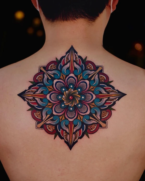 Ornamental Mandala, Floral tattoo on Upper Back