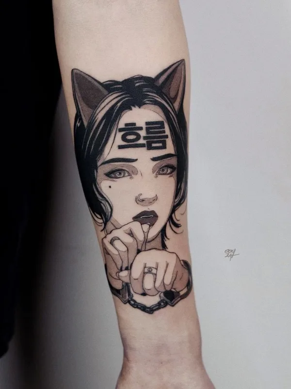 female black and grey illustrative Tatuagem em forearm #41183 | Tatuador Валерия Волохова