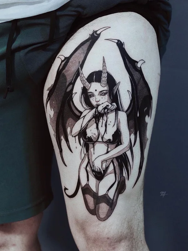 female black and grey blackwork Tatuagem em thigh #41177 | Tatuador Валерия Волохова