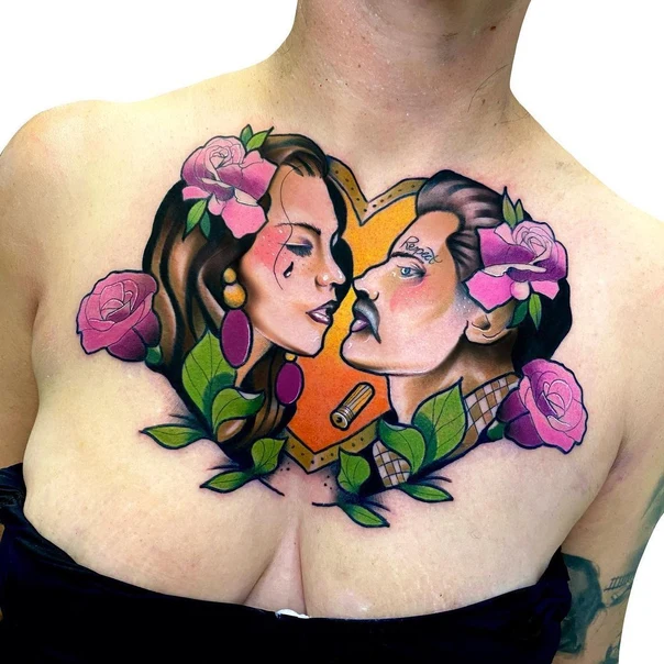 Neo Traditional Portrait, Rose tattoo on Chest