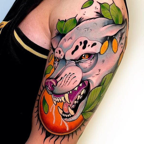 New School Wolf, Leaves tattoo on Upper Arm