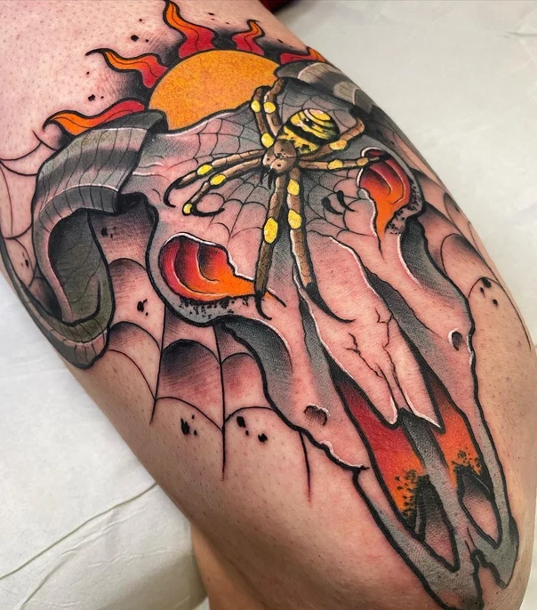 Neo Traditional Skull, Spider tattoo on Thigh