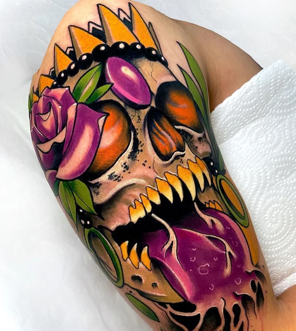 Neo Traditional Skull, Rose tattoo on Upper Arm