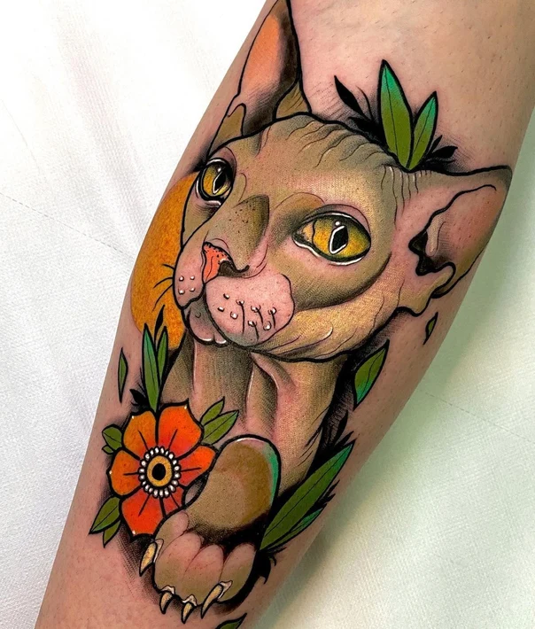 Neo Traditional Cat, Flower tattoo on Forearm