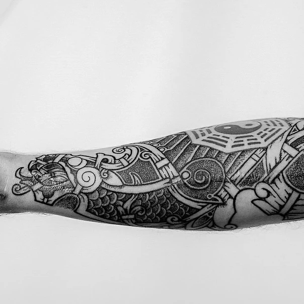 Blackwork Dragon, Yin yang tattoo on Forearm