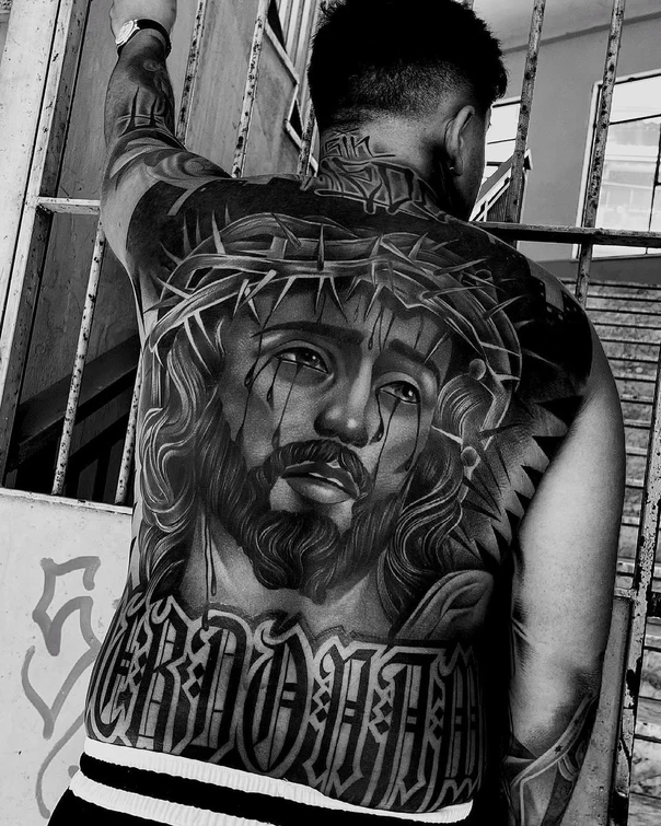 Black & Grey Religious, Portrait tattoo on Full Back