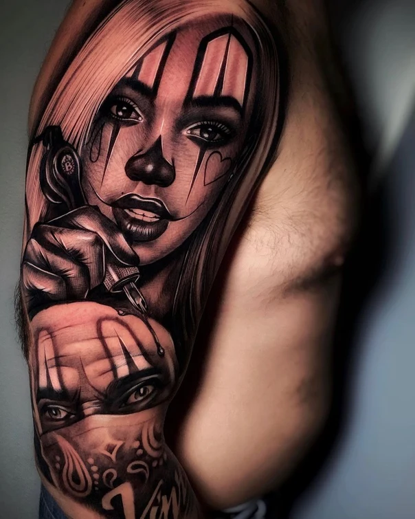 Black & Grey Clown, Face tattoo on Full Sleeve