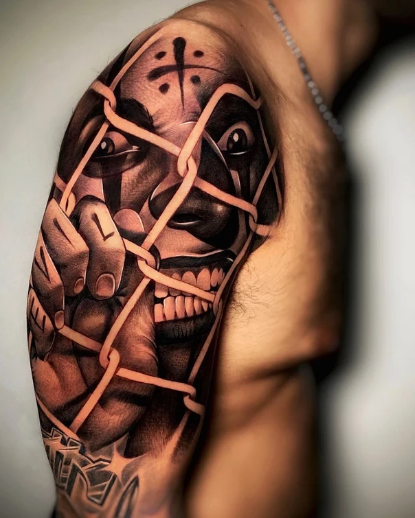 Realism Face, Chain tattoo on Upper Arm