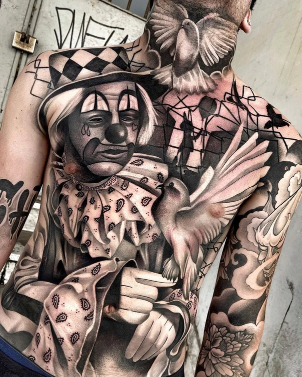 Black & Grey Clown, Dove tattoo on Chest