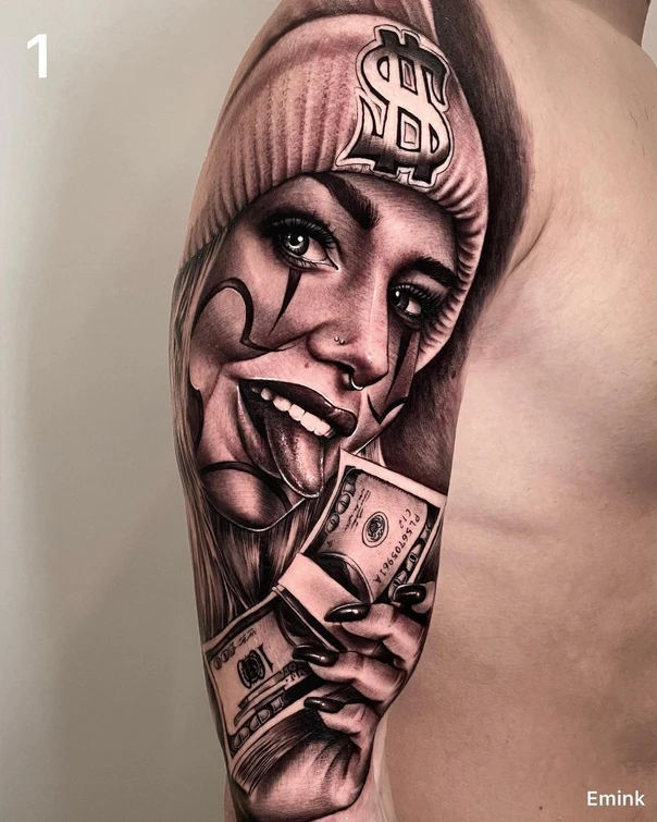 Black & Grey Clown, Money tattoo on Full Sleeve
