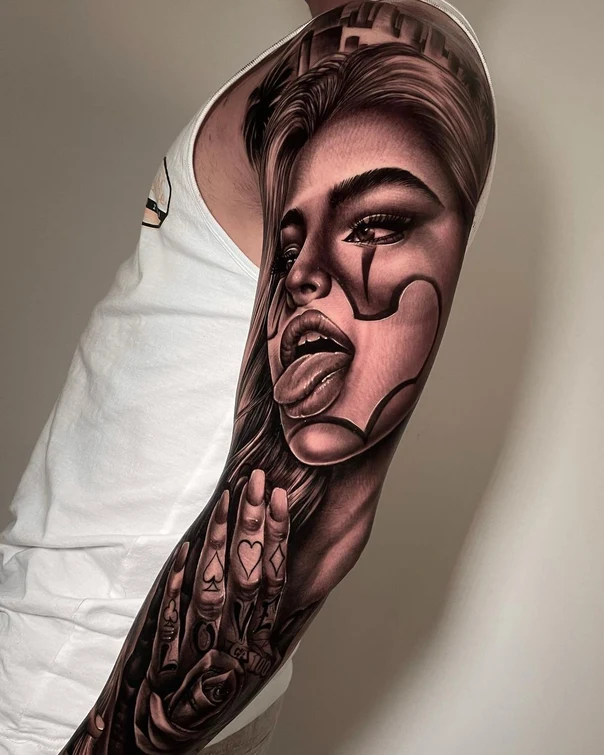 Realism Portrait, Clown tattoo on Full Sleeve